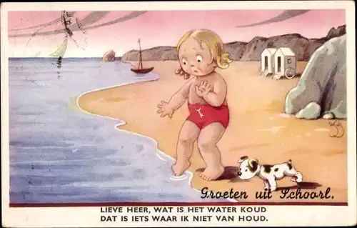 Künstler Ak Scheuermann, Willi, Schoorl Nordholland, Mädchen am Strand, kaltes Wasser, Hund