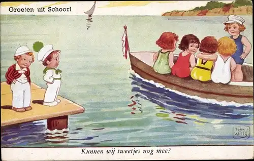 Künstler Ak Wills, John, Schoorl Nordholland, Mädchen in Badeanzügen, Jungen als Matrosen, Steg