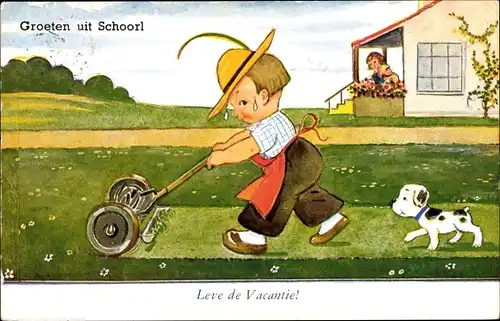 Künstler Ak Wills, John, Schoorl Nordholland, Junge beim Rasenmähen, Hund