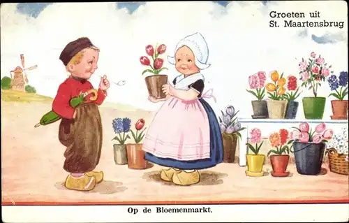 Künstler Ak Wills, John, St. Maartensbrug Nordholland, Kinder in niederländischer Tracht, Blumenmark