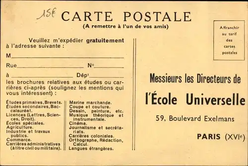 Ak Paris XVI, Ecole Universelle, Anmeldung der Studierenden und Versand der Kurse