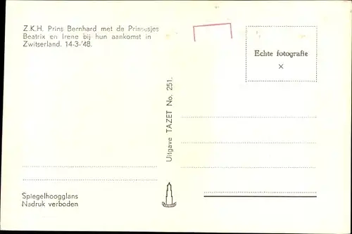 Ak Prinz Bernhard mit Töchtern Beatrix und Irene, 1948