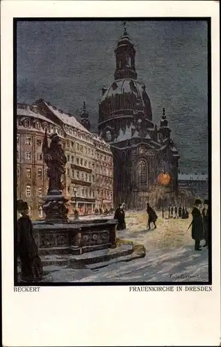 Künstler Ak Beckert, Dresden Altstadt, Frauenkirche, Brunnen, Winterabend, Passanten