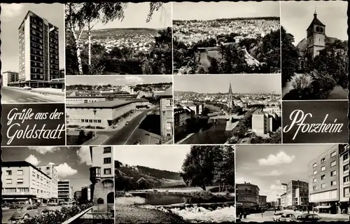 Ak Pforzheim im Schwarzwald, Hochhaus, Brücke, Turm