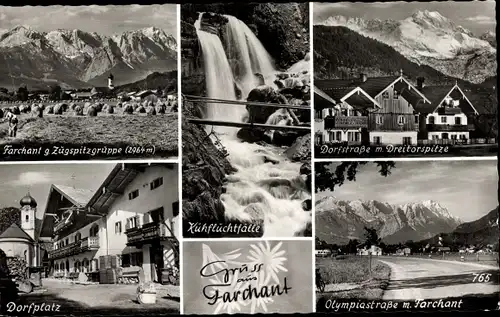 Ak Farchant Oberbayern, Dorfplatz, Olympiastraße, Zugspitzegruppe