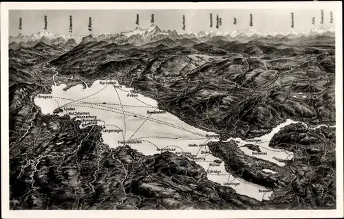 Ak Konstanz am Bodensee, Panorama, Landeskarte, Bergspitzen