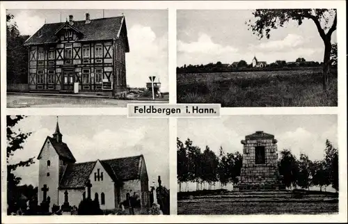 Ak Feldbergen Söhlde in Niedersachsen, Kirche, Gedenkstein, Fachwerkhaus