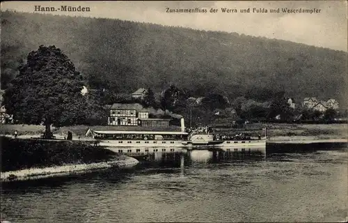 Ak Hann. Münden, Zusammenfluss von Werra und Fulda, Salondampfer