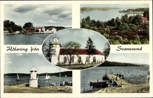 Ak Svanesund Schweden, Teilansicht, Kirche, Seesteg, Leuchtturm