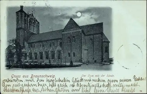 Mondschein Ak Braunschweig in Niedersachsen, Dom mit der Linde