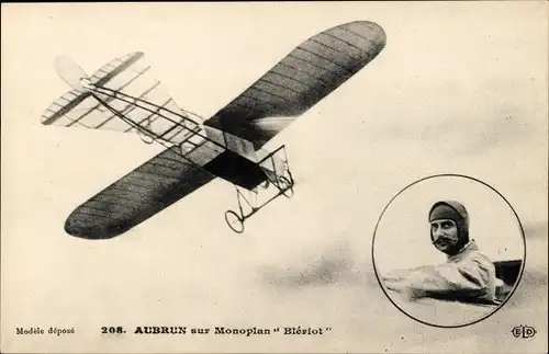 Ak Aubrun auf Blériot-Eindecker, Gnôme-Motor, Flugzeug, Pilot, Flugpionier