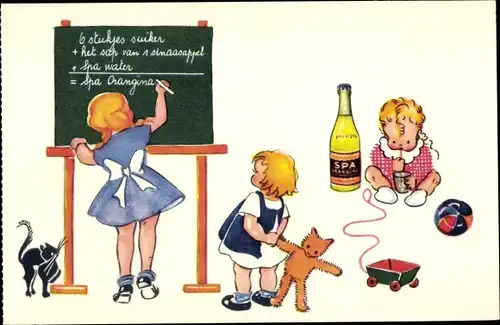 Ak Reklame Spa Orangina, Limonade, Kinder mit Spielzeug, Tafel