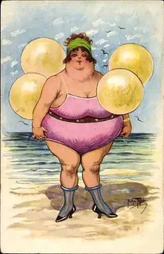 Künstler Ak Thiele, Arthur, Dicke Frau im Badeanzug mit Ballons als Schwimmhilfe
