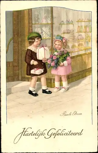 Künstler Ak Ebner, Pauli, Glückwunsch Geburtstag, Kinder vor einem Geschäft, Blumen, Kuchen