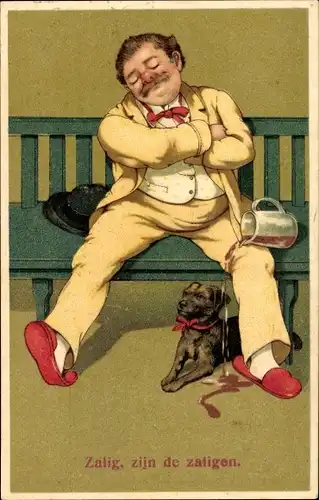 Präge Litho Betrunkener Mann, schlafend, Hund, Weinkrug
