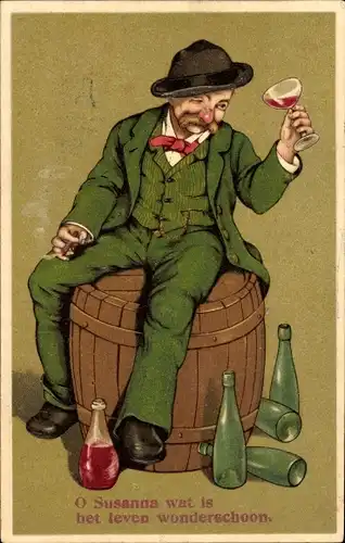 Präge Litho Betrunkener Mann mit leeren Weinflaschen auf Weinfass sitzend