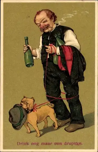 Präge Litho Betrunkener Mann, Weinflaschen, Hund