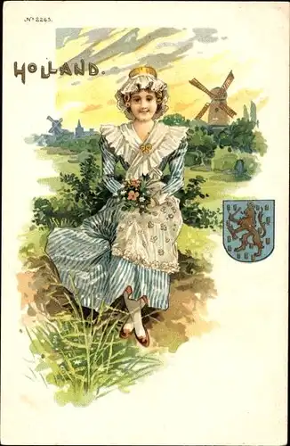 Wappen Litho Holland, Junge Frau in Holländischer Tracht, Windmühle