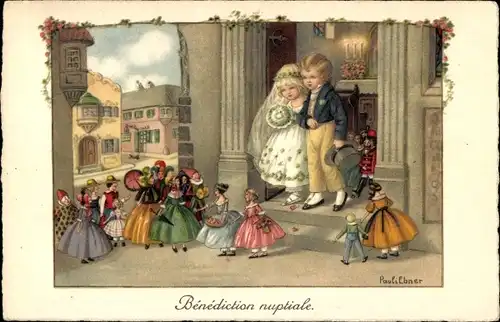 Künstler Ak Ebner, Pauli, Brautpaar, Puppen, Hochzeit