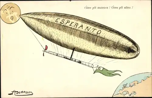 Künstler Ak Demaslec, A., Esperanto, Zeppelin