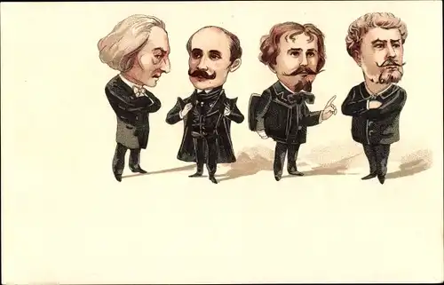 Litho Vier Männer, Komponist Liszt, Schriftsteller und Politiker Teófilo Braga
