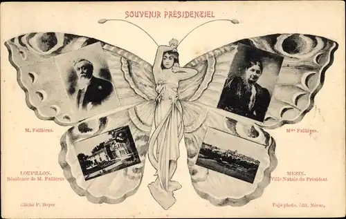 Schmetterling Ak Armand Fallieres, President de la Republique, Portrait, Mme Fallieres