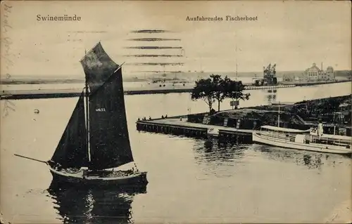 Ak Świnoujście Swinemünde Pommern, Ausfahrendes Fischerboot