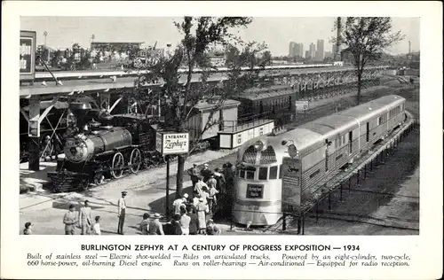 Ak Burlington Zephyr auf der Ausstellung „A Century of Progress“ 1934