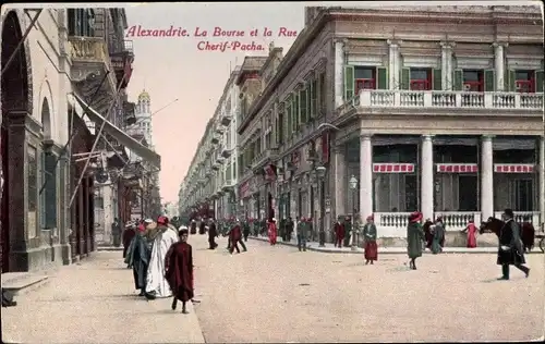 Ak Alexandria Ägypten, La Bourse, Rue Cherif-Pacha