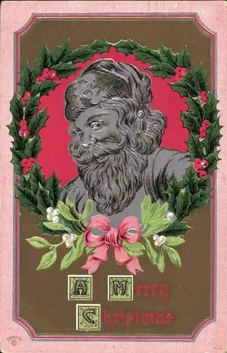 Präge Litho Glückwunsch Weihnachten, Weihnachtsmann, Stechpalmenkranz