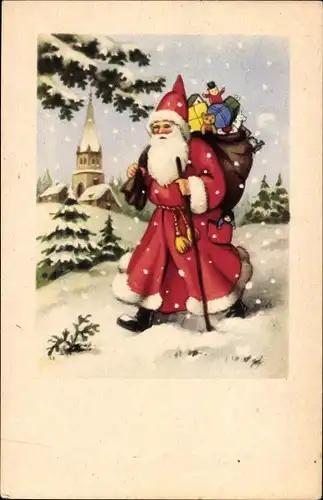 Ak Glückwunsch Weihnachten, Weihnachtsmann, Spielzeuge, Winterszene