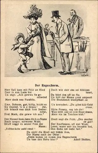 Künstler Ak Gedicht von Adolf Stoltze Der Regescherm, Herr Sali kam mit Frau...