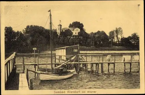 Ak Wendorf Wismar in Mecklenburg, Seebad, Steg, Boot