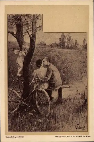 Künstler Ak Liebespaar auf einer Bank, Fahrrad, Liebesengel