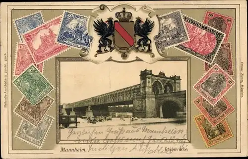 Präge Wappen Briefmarken Passepartout Ak Mannheim in Baden, Rheinbrücke