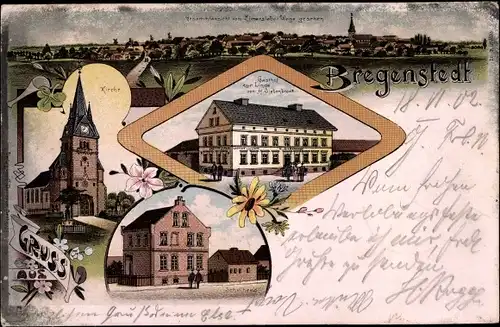 Litho Bregenstedt Erxleben Sachsen Anhalt, Gesamtansicht, Kirche, Schulhaus, Gasthof zur Linde