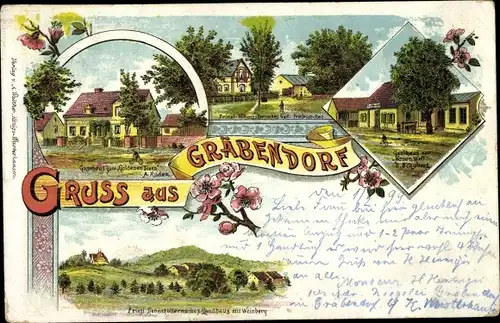 Litho Gräbendorf in der Mark, Gasthaus zum goldenen Stern, Gasthaus zur Neuen Welt, Weinberg