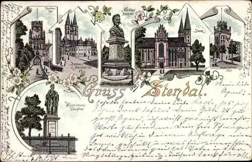 Litho Stendal in der Altmark, Rathaus, Marienkirche, Dom, Tor, Winkelmann-Denkmal, Nachtigal-Denkmal