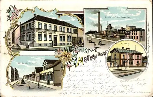 Litho Meitzendorf Barleben in Sachsen Anhalt, Restaurant Otto Meyer, Zuckerfabrik, Kaserne, Bahnhof