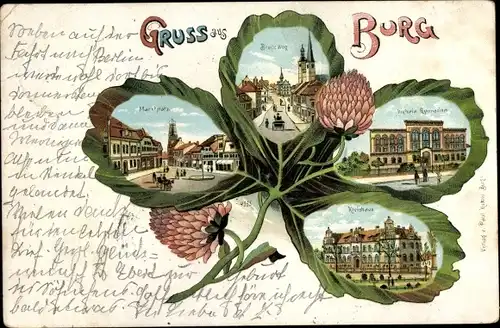 Kleeblatt Litho Burg bei Magdeburg, Marktplatz, Breiter Weg, Kreishaus, Victoria Gymnasium