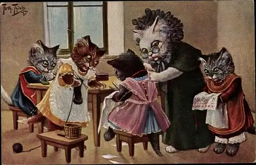 Künstler Ak Thiele, Arthur, Vermenschlichte Katzen, Großmutter, Kinder, Handarbeiten