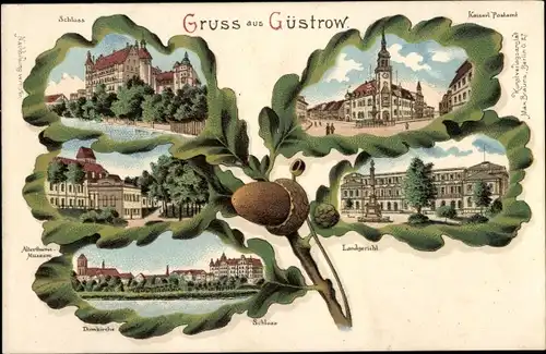 Eichenblatt Litho Güstrow in Mecklenburg, Postamt, Landgericht, Schloss, Domkirche, Museum