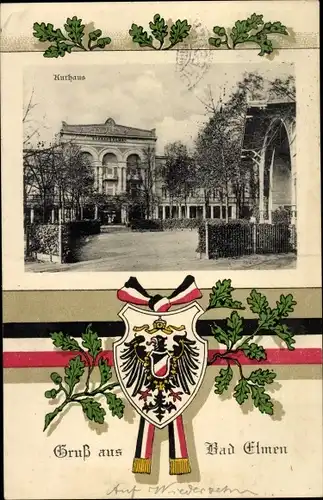 Präge Wappen Passepartout Ak Bad Elmen Salzelmen Schönebeck an der Elbe, Kurhaus