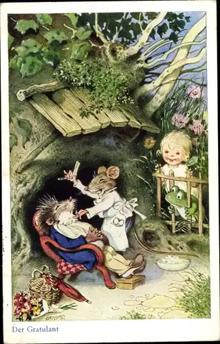 Künstler Ak Baumgarten, Fritz, Der Gratulant, Maus als Barbier, Igel, Frosch