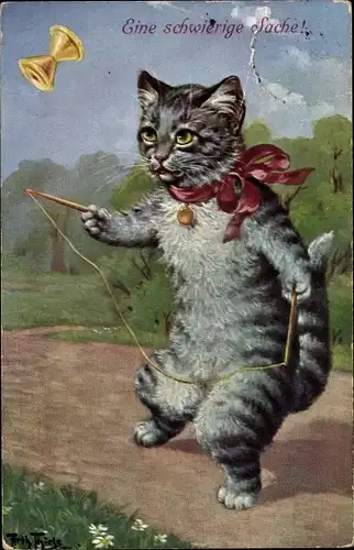 Künstler Ak Thiele, Arthur, Eine schwierige Sache, Katze mit Diabolo