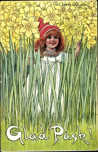 Künstler Ak Nyström, J., Glückwunsch Ostern, Mädchen, Blumenwiese, Narzissen