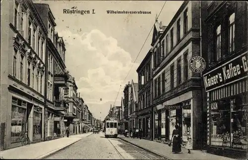 Ak Rüstringen Wilhelmshaven, Wilhelmshavener Straße, Straßenbahn, Geschäfte