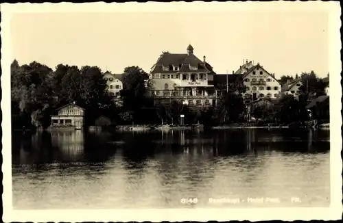 Ak Seeshaupt, Blick über den See auf Hotel Post Rasso Vogl, Steg