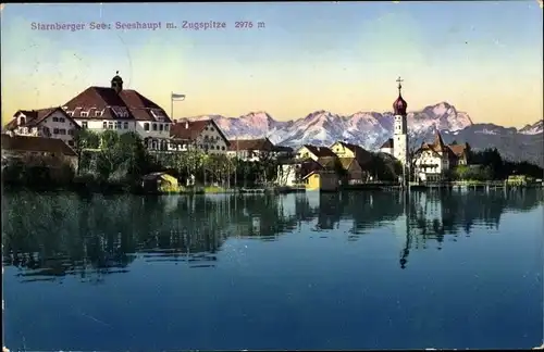 Ak Seeshaupt in Oberbayern, Starnberger See, Blick auf den Ort vom Wasser aus, Zugspitze