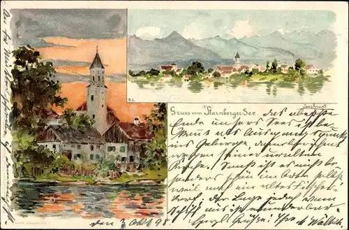 Künstler Litho Seeshaupt Oberbayern, Blick auf den Ort mit Starnberger See, Gebirge